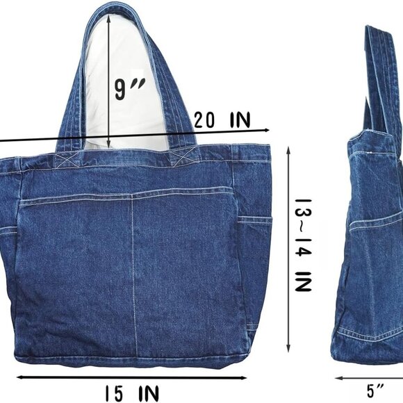 Denim Tote Bag Casual Style Lightweight Classic Retro Travel Shopper Shoulder Ha - Picture 4 of 4